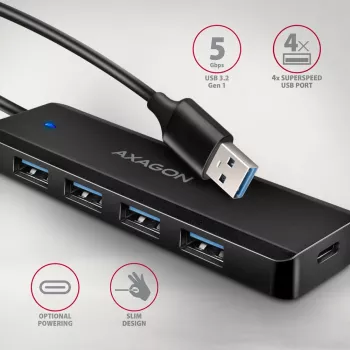 Hub Axagon HUE-C1A 4x USB 5Gbps TRAVEL, alimentare USB-C, cablu USB-A 19 cm