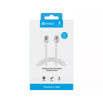 Cablu telefonic Sandberg RJ11-RJ11 5 m, 5 m, RJ11, RJ11, Tată, Tată, Alb