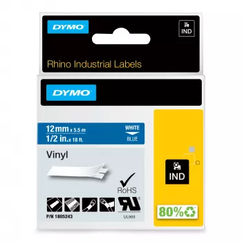 Etichete din vinil industriale DYMO Rhino | 12 mm x 5,5 m | imprimare albă pe albastru | autocolante | pentru imprimante de etichete LabelManager & Rhino