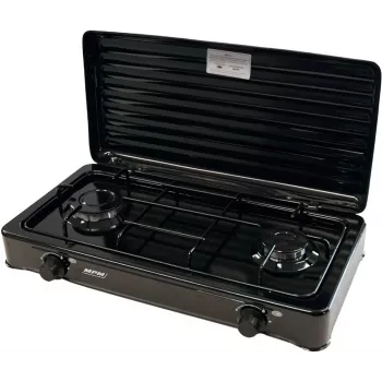 Aragaz portabil cu gaz Mpm Kn-02/1kb Camping 2 arzătoare grătar emailat capac de protecție standard G30-37 Mbar negru