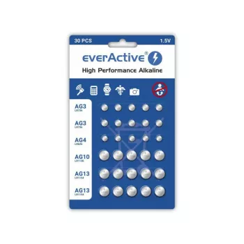 Baterii alcaline everActive AGMIX30BL 1,5 V — pachet de 30 bucăți, baterii tip buton