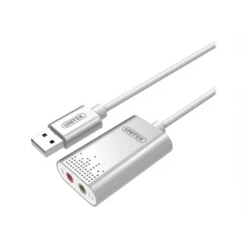 Placă de sunet stereo USB Unitek Y-247A, USB 2.0 Type-A la 2x mini-jack 3,5 mm, aluminiu, 47 x 28 mm, argintiu