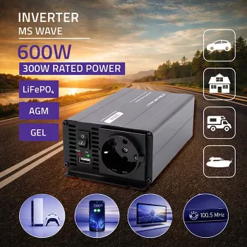 Invertor de tensiune Qoltec MS Wave 12V la 230V 300/600W USB compatibil cu LiFePO4 GEL AGM