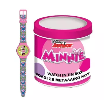 Ceas analogic PULIO în cutie metalică - Disney Minnie Mouse, curea din piele PU roz, mecanism cu cuarț, carcasă din aliaj metalic de 30mm, rezistent la stropi, pentru fete de la 6 ani