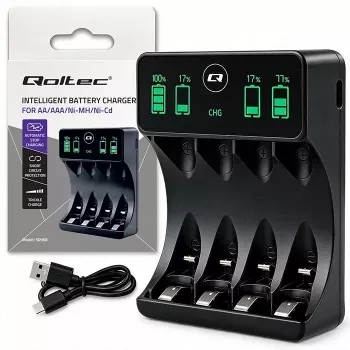 Încărcător de acumulatori NiMH Qoltec 50968 pentru AA/AAA cu LCD și cablu USB-C, negru