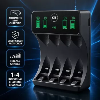 Încărcător de acumulatori NiMH Qoltec 50968 pentru AA/AAA cu LCD și cablu USB-C, negru