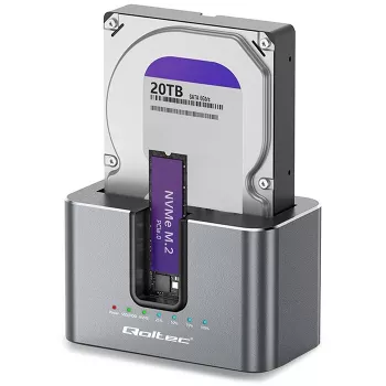 Stație de andocare Qoltec 2in1 HDD SSD SATA M.2 NVMe cu clonare, USB-C 3.2 Gen 2, 10Gbps, până la 28 TB, aluminiu