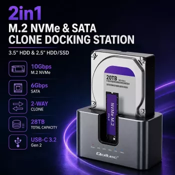 Stație de andocare Qoltec 2in1 HDD SSD SATA M.2 NVMe cu clonare, USB-C 3.2 Gen 2, 10Gbps, până la 28 TB, aluminiu