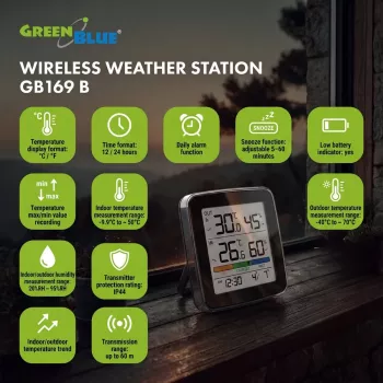GREENBLUE GB169 B Stație meteo wireless cu afișaj color și senzor exterior
