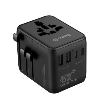Crong One World Adaptor de călătorie GaN 45W UK/EU/US/AU negru