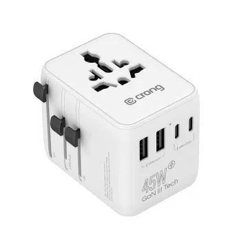 Crong One World Adaptor de călătorie GaN 45W UK/EU/US/AU alb
