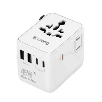 Crong One World Adaptor de călătorie GaN 45W UK/EU/US/AU alb