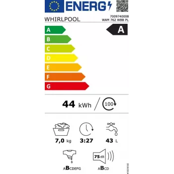 Mașină de spălat Whirlpool WAM762WBBPL 7 kg 1200 rpm cu tehnologie 6th Sense, FreshCare+, Clean+, 14 programe, afișaj LED, blocare pentru copii, pornire întârziată, clasa energetică C, alb