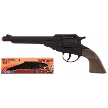 Pistol de jucărie revolver cowboy PULIO metalic 8 focuri - negru/argintiu cu mânere maro
