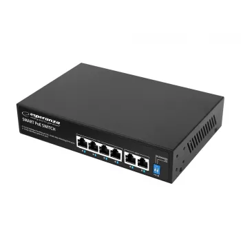 ESPERANZA Switch Gigabit PoE+ cu 6 porturi 65W GOLIATH (4 porturi PoE+, 2 uplink, 12 Gbps, metalic fără ventilator)