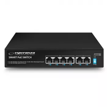 ESPERANZA Switch Gigabit PoE+ cu 6 porturi 65W GOLIATH (4 porturi PoE+, 2 uplink, 12 Gbps, metalic fără ventilator)