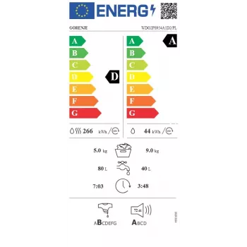 Gorenje WDG2PS954A1D2/PL mașină de spălat cu uscător, 9 kg spălare / 6 kg uscare, 1400 rpm, clasa energetică A, alb