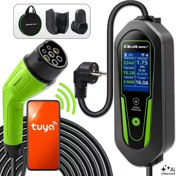 Încărcător portabil EV Qoltec Type 2 la Schuko 3,5kW 16A cablu 5m cu Wi-Fi și LCD