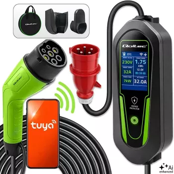 Qoltec încărcător EV Type 2 cu curent reglabil, 7 kW, 230 V, CEE 32 A, Wi-Fi, Tuya Smart Life, LCD, cablu 5 m