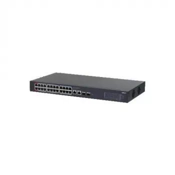 Switch PoE gestionat Dahua CS4228-24GT-375 cu 24 de porturi Gigabit, 2x uplink Gigabit RJ45 + 2x SFP, buget PoE 375 W, Layer 2