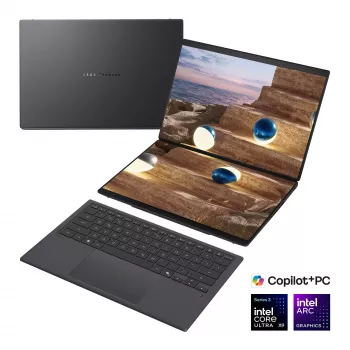 Laptop ASUS Zenbook Duo UX8407AA-SN066W 14 inch OLED Touchscreen 3K 144Hz, Intel Core Ultra 9 388H, 32 GB LPDDR5X, 2 TB SSD, Intel Arc Graphics, Windows 11 Home, Moher Gray