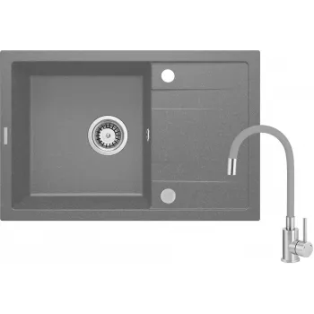 Chiuvetă de bucătărie din compozit de granit DEANTE cu 1 cuvă, baterie și scurgător, negru, 780x435 mm