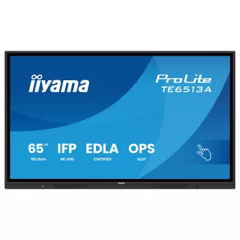 Display interactiv tactil IIYAMA ProLite TE6513A-B3AG 65 inch 4K UHD IPS LED cu IR Touch, 20 puncte touch, Android, 400 cd/m², 8ms, HDMI, DisplayPort, USB-C, VGA, LAN, Wi-Fi, Bluetooth, VESA 600x400, negru