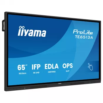 Display interactiv tactil IIYAMA ProLite TE6513A-B3AG 65 inch 4K UHD IPS LED cu IR Touch, 20 puncte touch, Android, 400 cd/m², 8ms, HDMI, DisplayPort, USB-C, VGA, LAN, Wi-Fi, Bluetooth, VESA 600x400, negru