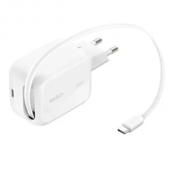 Încărcător Belkin UltraCharge 45W Dual GaN USB-C retractabil alb