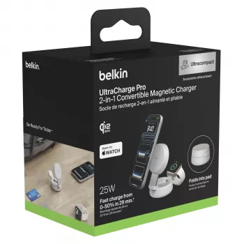 Stație de încărcare wireless 2 în 1 Belkin UltraCharge 25W Qi2 Magnetic, nisip