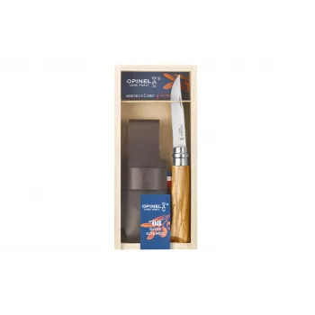Cuțit pliant OPINEL No. 08 din lemn de măslin cu teacă din piele în cutie cadou
