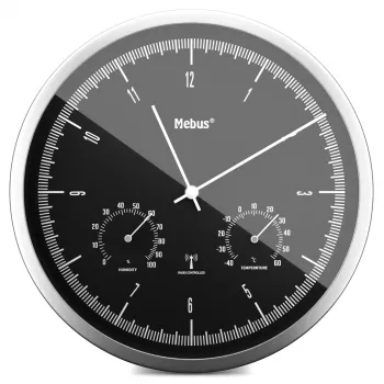 Ceas de perete radiocontrolat MEBUS 19777 cu termo-higrometru, Argintiu/Alb, 30 cm