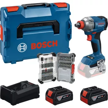 Set de cheie de impact cu acumulator BOSCH PowerTools GDX 18V 285 Nm cu 2 acumulatori 5.0 Ah și set de 31 de biți în L-BOXX