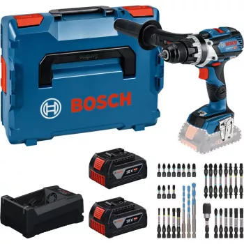 Set mașină de găurit și înșurubat cu acumulator Bosch Professional 18V, 2x5,0 Ah Li-Ion, 110 Nm, fără perii, cu încărcător și set de biți în valiza MetaLoc II