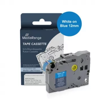 Casetă cu bandă de etichete MediaRange alb pe albastru 8 m x 12 mm (MRBTZ535)