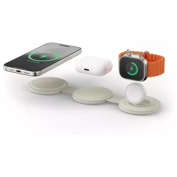 Încărcător wireless Satechi OntheGo 3-in-1 cu Qi2, nisip, 15W, ST-QTG31W