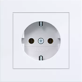 Hager WAS1120WG Priză SCHUKO cu capac rabatabil, linia de design A.1, alb luminos lucios, IP44, 16A, 250V, borne fără șuruburi