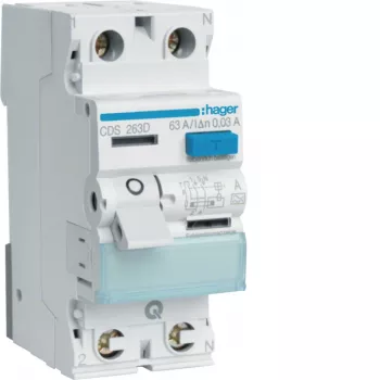Hager CDS263D Întrerupător diferențial 2 poli 63A 30mA tip A 6kA QuickConnect