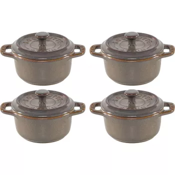 Set mini cocotte Staub 4 piese ceramică rotundă gri antichizat 10 cm