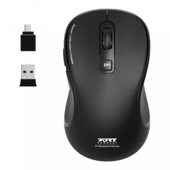 Mouse optic wireless PORT Designs PORT Connect Professional ESSENTIAL - 5 butoane - 2,4 GHz, Bluetooth - receptor USB - negru