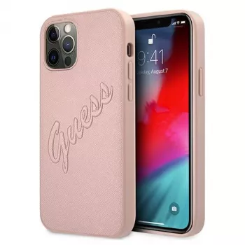 Husă rigidă Guess GUHCP12LRSAVSRG Saffiano Vintage Script pentru Apple iPhone 12 Pro Max, roz