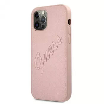 Husă rigidă Guess GUHCP12LRSAVSRG Saffiano Vintage Script pentru Apple iPhone 12 Pro Max, roz