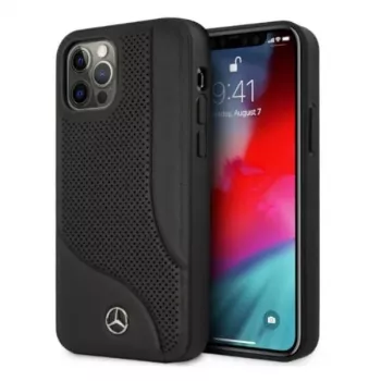 Husă rigidă neagră din piele cu zonă perforată Mercedes-Benz pentru iPhone 12 Pro Max 6,7