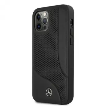 Husă rigidă neagră din piele cu zonă perforată Mercedes-Benz pentru iPhone 12 Pro Max 6,7