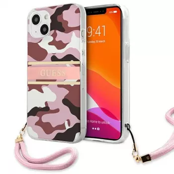Husă rigidă Guess GUHCP13MKCABPI pentru iPhone 13 / 14 / 15 6,1 inch Pink Camo Strap Collection
