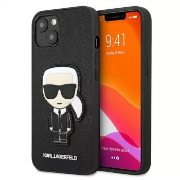 Husă rigidă Karl Lagerfeld KLHCP13SOKPK Saffiano Ikonik Karl Patch pentru iPhone 13 Mini 5,4 inch, neagră