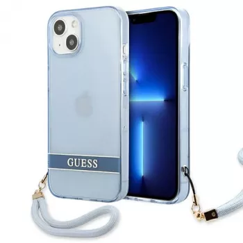 Husă rigidă translucidă Guess GUHCP13SHTSGSB pentru iPhone 13 mini 5,4 inch, albastră, cu curea de transport