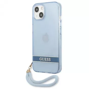 Husă rigidă translucidă Guess GUHCP13SHTSGSB pentru iPhone 13 mini 5,4 inch, albastră, cu curea de transport