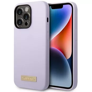 Husă rigidă din silicon cu placă logo Guess GUHMP14LSBPLU mov, compatibilă MagSafe, pentru Apple iPhone 14 Pro 6,1 inch