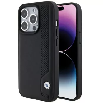 Husă rigidă BMW BMHCP15X22RBDK Leather Blue Dots pentru iPhone 15 Pro Max 6,7 inch neagră
